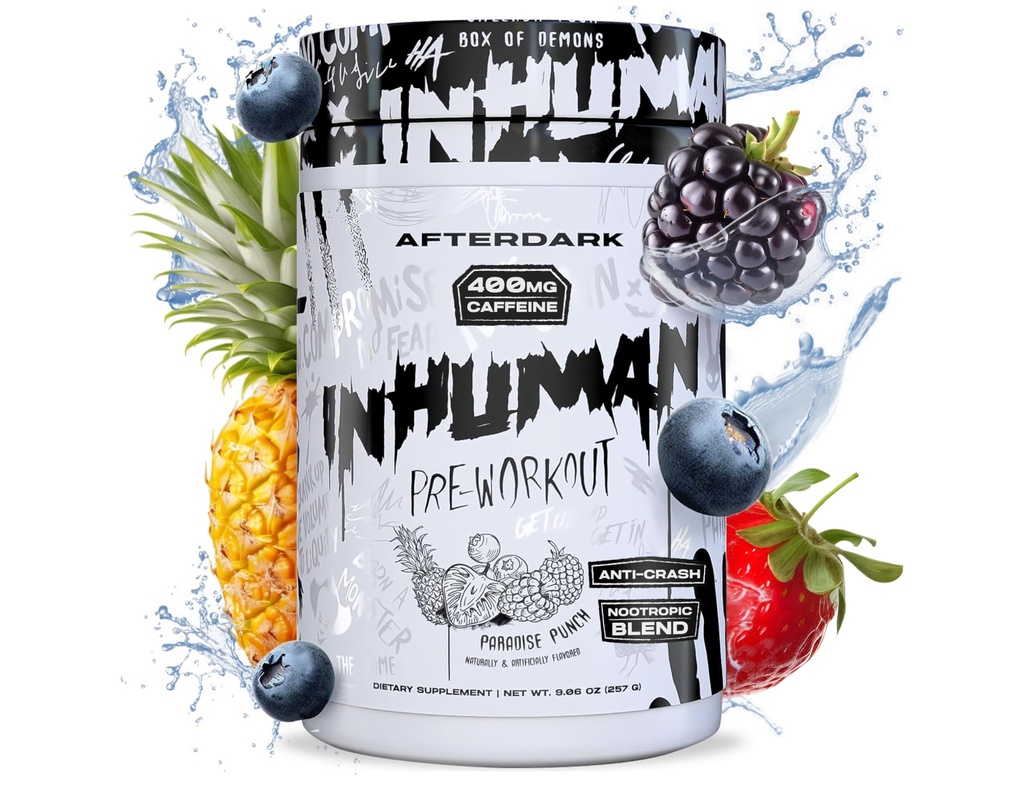 APRÈS L'INHUMAN Poudre de pré-entraînement, connexion Mind-Muscle améliorée, énergie soutenue, mélange nootrope Potent, végétalien, sans gluten, sans soja, 400 mg de caféine, sans crash, punch paradisiaque