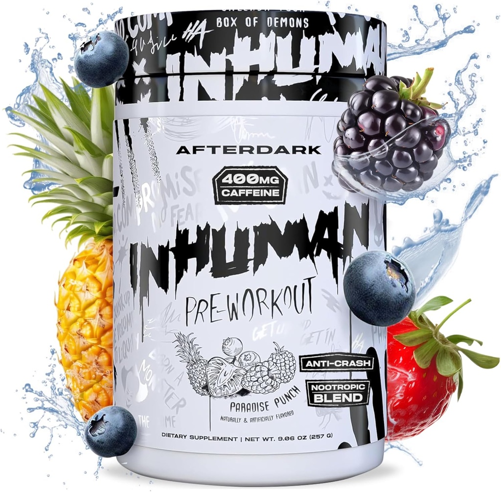 APRÈS L'INHUMAN Poudre de pré-entraînement, connexion Mind-Muscle améliorée, énergie soutenue, mélange nootrope Potent, végétalien, sans gluten, sans soja, 400 mg de caféine, sans crash, punch paradisiaque