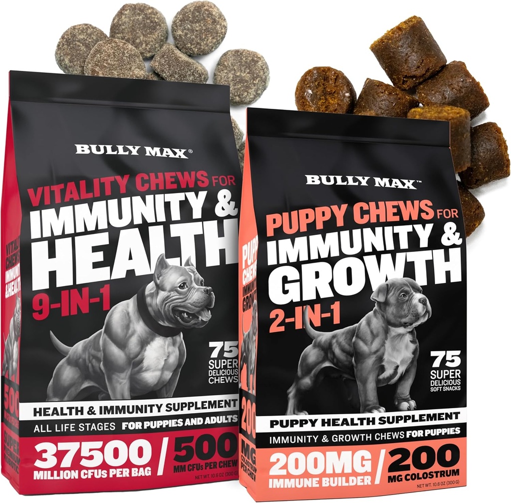 Bully Max Vitality Dog Chews and Puppy Soft Chews Bundle for Total Support with Daily Vitamines for Puppies and Adult Dogs – including Immune, Joint, Skin, Coat, Digestion, and Development Support