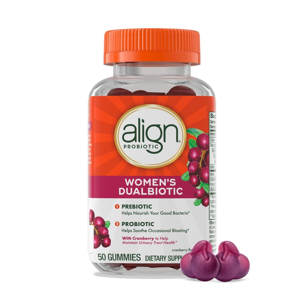 Align Probiotic, Women's Dualbiotic, Womens Probiotic Gummies, Prebiotics and Probiotics for Women, with Cranberry for Urinary Tract Health*, Cranberry Flavor, 50 Gummies