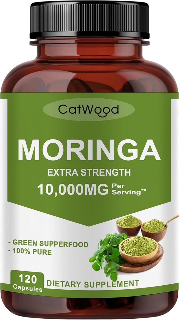 Moringa Supplément 10 000mg par portion, 100% Moringa Poudre Organique, Moringa Poudre d'extrait de feuille, Moringa Capsules Organiques, Non-OGM, Sans gluten, 120 Capsules