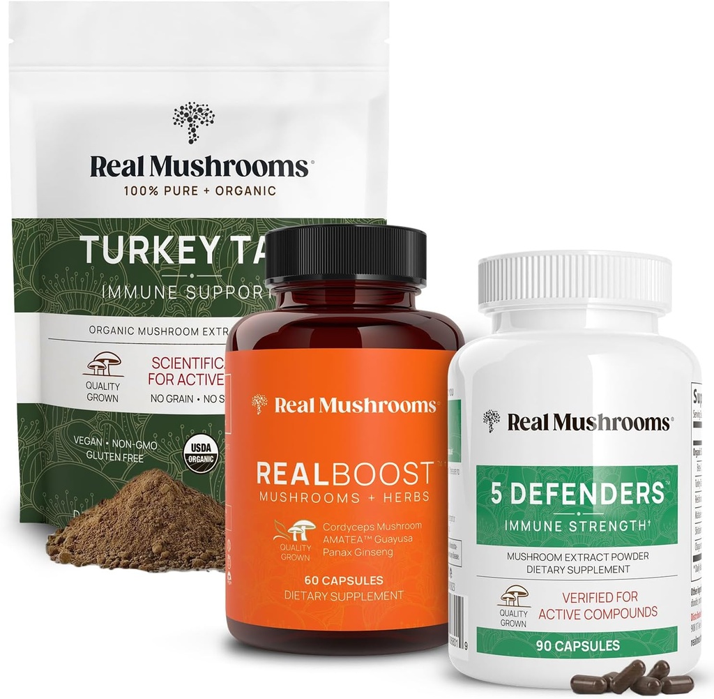 Real Mushrooms RealBoost (60ct), 5 Defenders (90ct) & Turquie Tail Mushroom Powder & Capsules Bundle - Supplément Champignon pour l'énergie, la vitalité et la force immunitaire - Vegan, Non-OGM