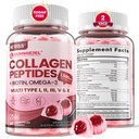 Peptides de collagène hydrolysés, Gommies marines pour femmes hommes, Multi collagène type I II III V & X pour la croissance des cheveux, ongles de peau sains - Collagène Gommy avec/Vitamines de l'air Biotine Keratine et vitamine D3, 120Cts