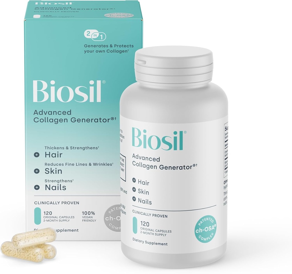 Biosil Collagen Booster Supplément - 120 capsules originales - Activateur ch-OSA breveté pour la peau, les cheveux, les ongles et les articulations - Supporte la production naturelle - 60 jours d'approvisionnement