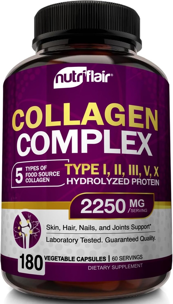 NutriFlair Multi Collagen Peptides 2250mg - Type I, II, III, V, X - Suppléments de collagène pilules en poudre complexes pour les femmes et les hommes - protéines hydrolysées, cheveux sains, peau, ongles - non-OGM (180 capsules)