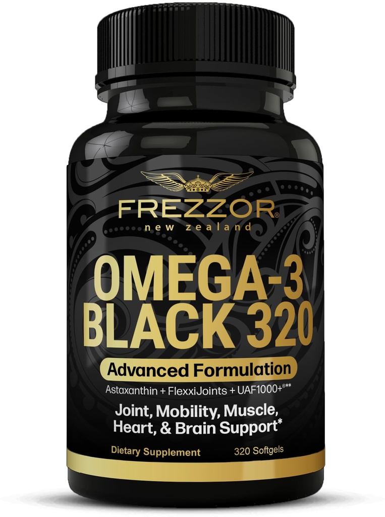 FREZZOR Omega 3 Noir - Capsules d'huile de moules à lisière verte, Fabriqué en Nouvelle-Zélande, UAF1000+, Soin articulaire & Relief, Heart & Immune Support, Pas d'arrière-goût de poisson, 320 Compte (paquet de 1)