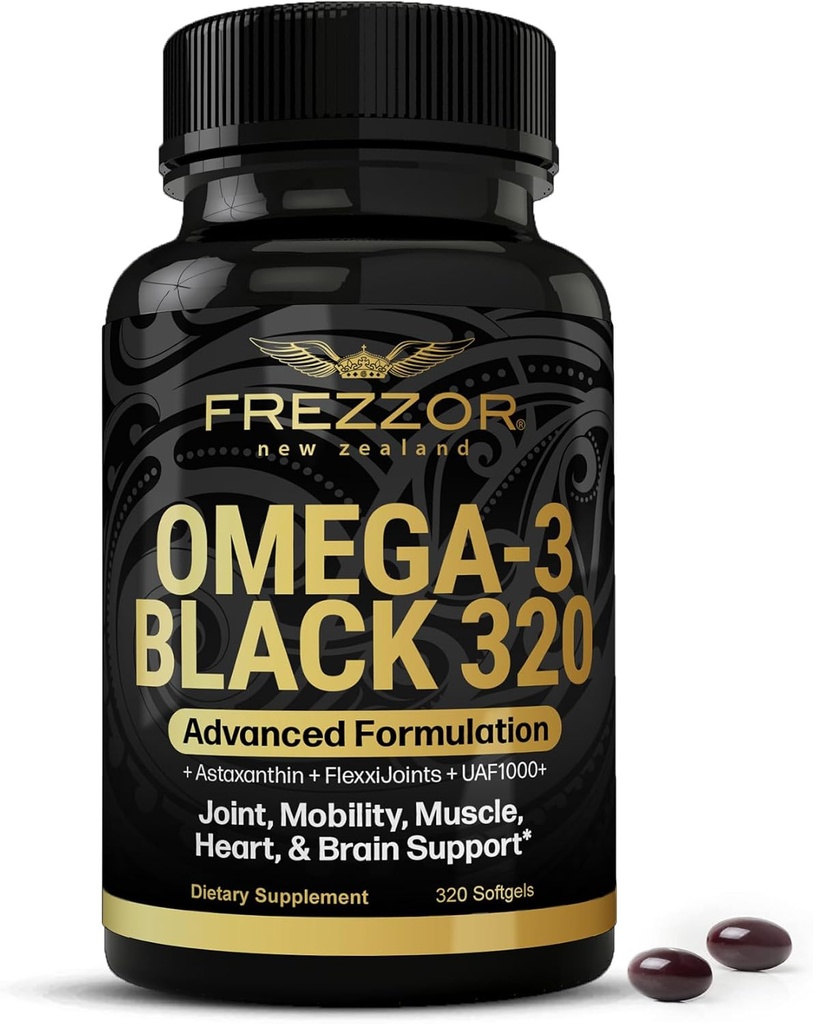 FREZZOR Omega 3 Noir - Capsules d'huile de moules à lisière verte, Fabriqué en Nouvelle-Zélande, UAF1000+, Soin articulaire & Relief, Heart & Immune Support, Pas d'arrière-goût de poisson, 320 Compte (paquet de 1)