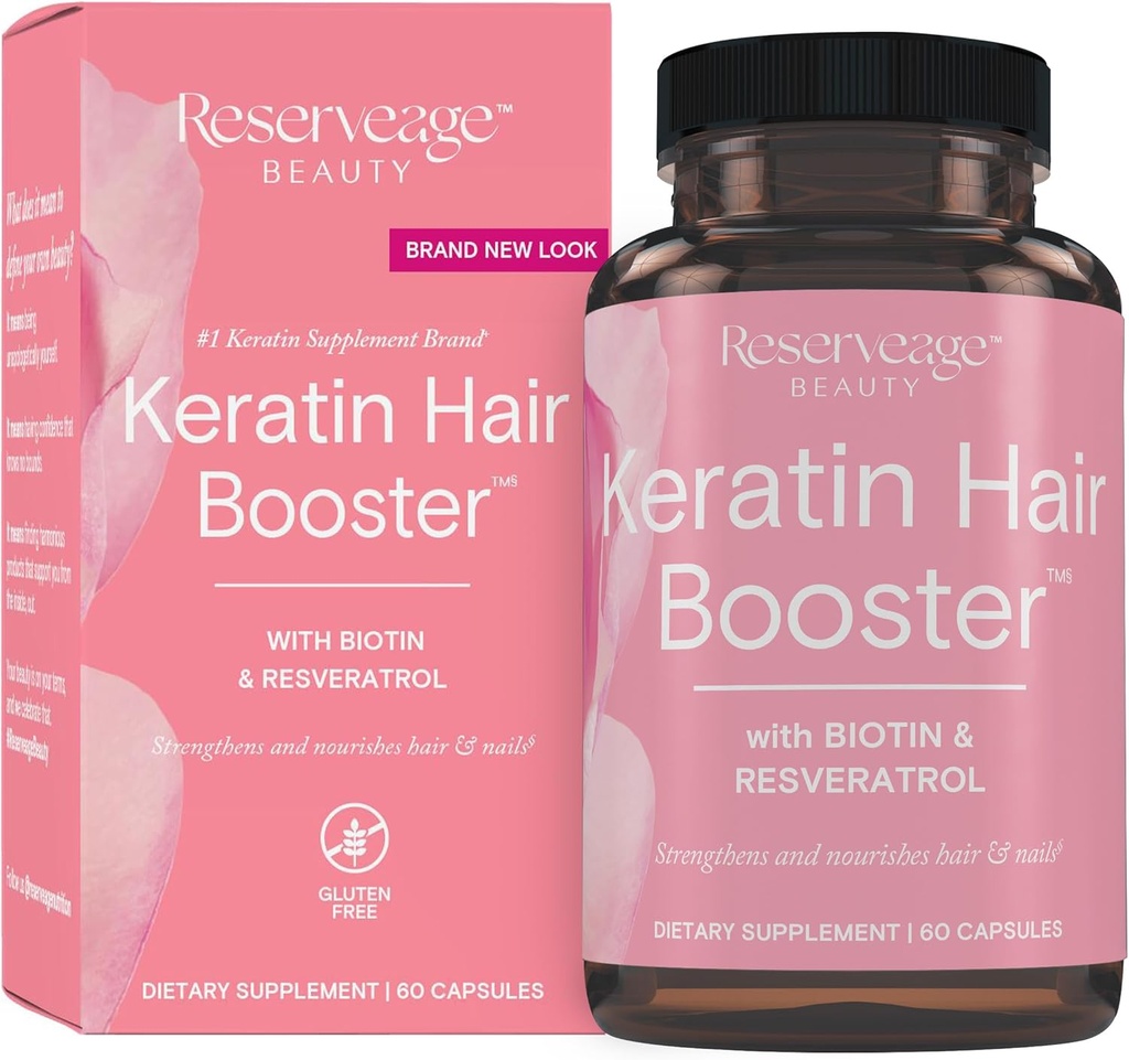 Réserve Beauté Keratin Coiffure Booster avec Biotin & Resveratrol - Supplément de croissance des cheveux et ongles pour les femmes - Soutient l'épaisseur et la brillance saines avec Biotin - 60 Capsules (30 portions)