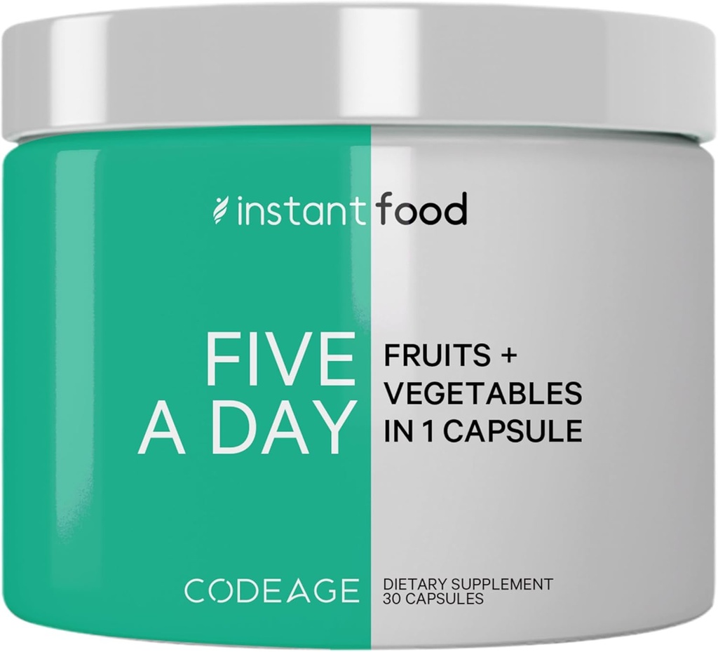 Codeage 5 portions de fruits et légumes Équivalent en 1 seule capsule - aliments instantanés entiers avec 15 verts et fruits dans une seule pilule, manger des légumes - supplément de vitamines végétales - non-OGM - 30 ct