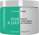 Codeage 5 portions de fruits et légumes Équivalent en 1 seule capsule - aliments instantanés entiers avec 15 verts et fruits dans une seule pilule, manger des légumes - supplément de vitamines végétales - non-OGM - 30 ct