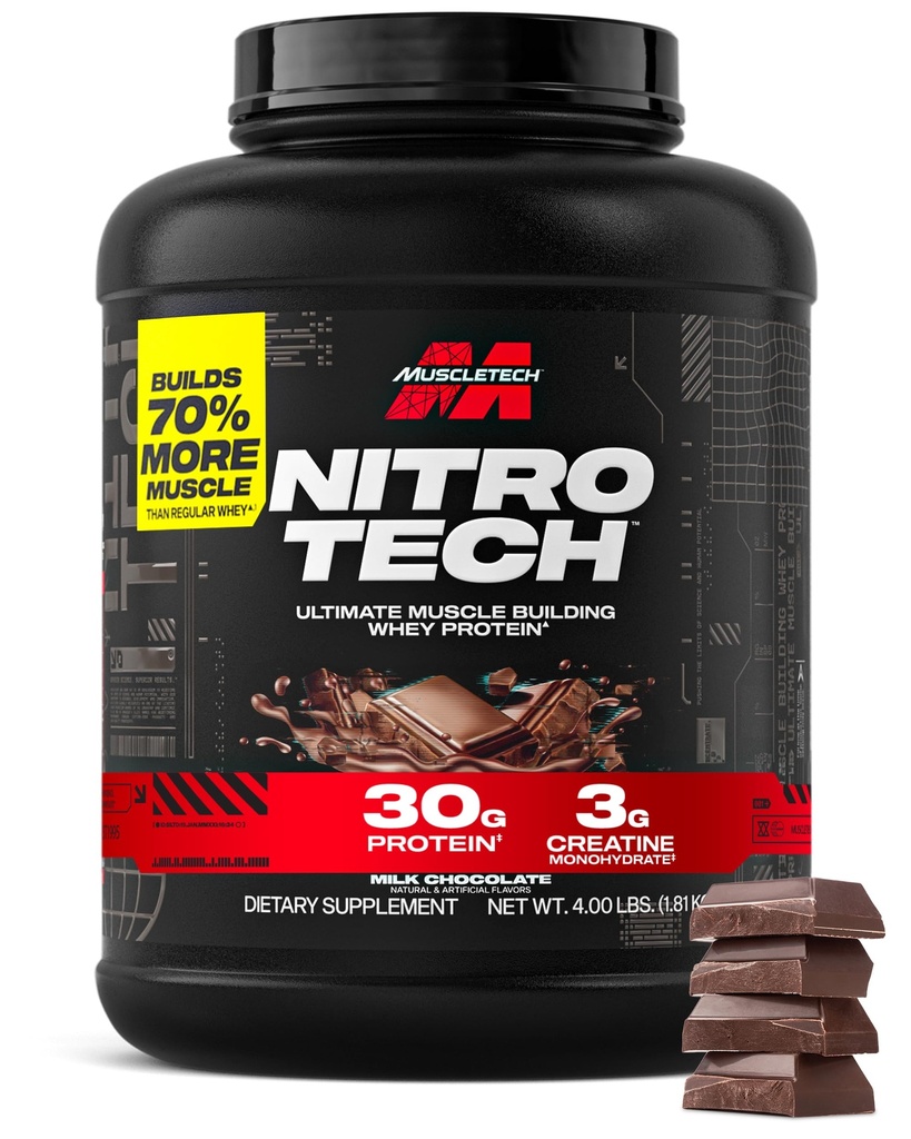 Muscletech Whey Protéine poudre (chocolat de lait, 4 livres) - Nitro-Tech Ultimate Muscle Building Formula with Whey Protein Isolate - 30g de protéines, 3g de créatine et 6.8g de BCAA - Emballage Mai Varier