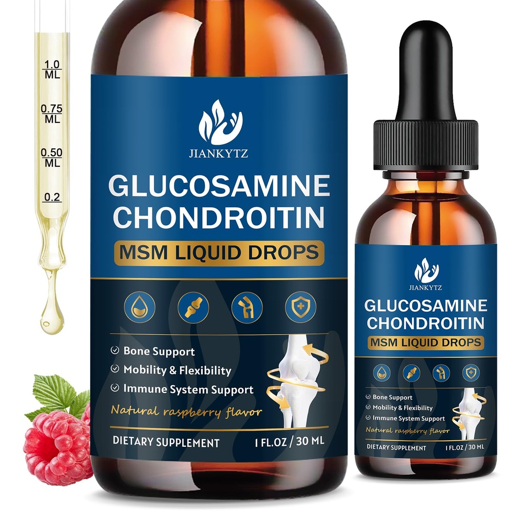 (2 Pack) Glucosamine Chondroïtine MSM gouttes liquides, haute absorption, antioxydant, Immune, os de soutien, supplément MSM pour les hommes et les femmes, végétalien, sans sucre, framboise, 1 Fl Oz