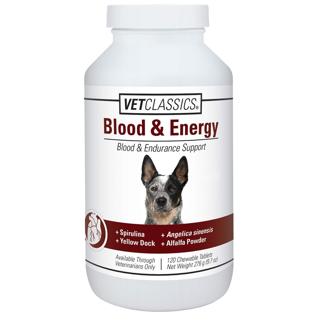 Vet Classics Soutien au sang et à l'énergie pour chiens, soutient l'endurance avec Spiruline, Darge Jaune et Alfalfa Formation de soutien de l'hémoglobine et du myoglobine, 120 comprimés à croquer