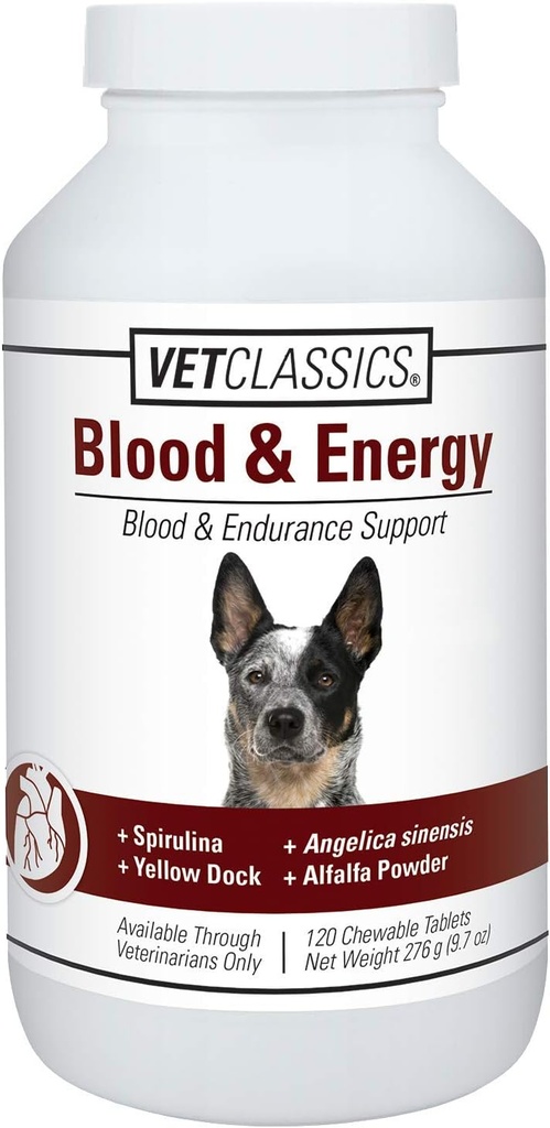 Vet Classics Soutien au sang et à l'énergie pour chiens, soutient l'endurance avec Spiruline, Darge Jaune et Alfalfa Formation de soutien de l'hémoglobine et du myoglobine, 120 comprimés à croquer