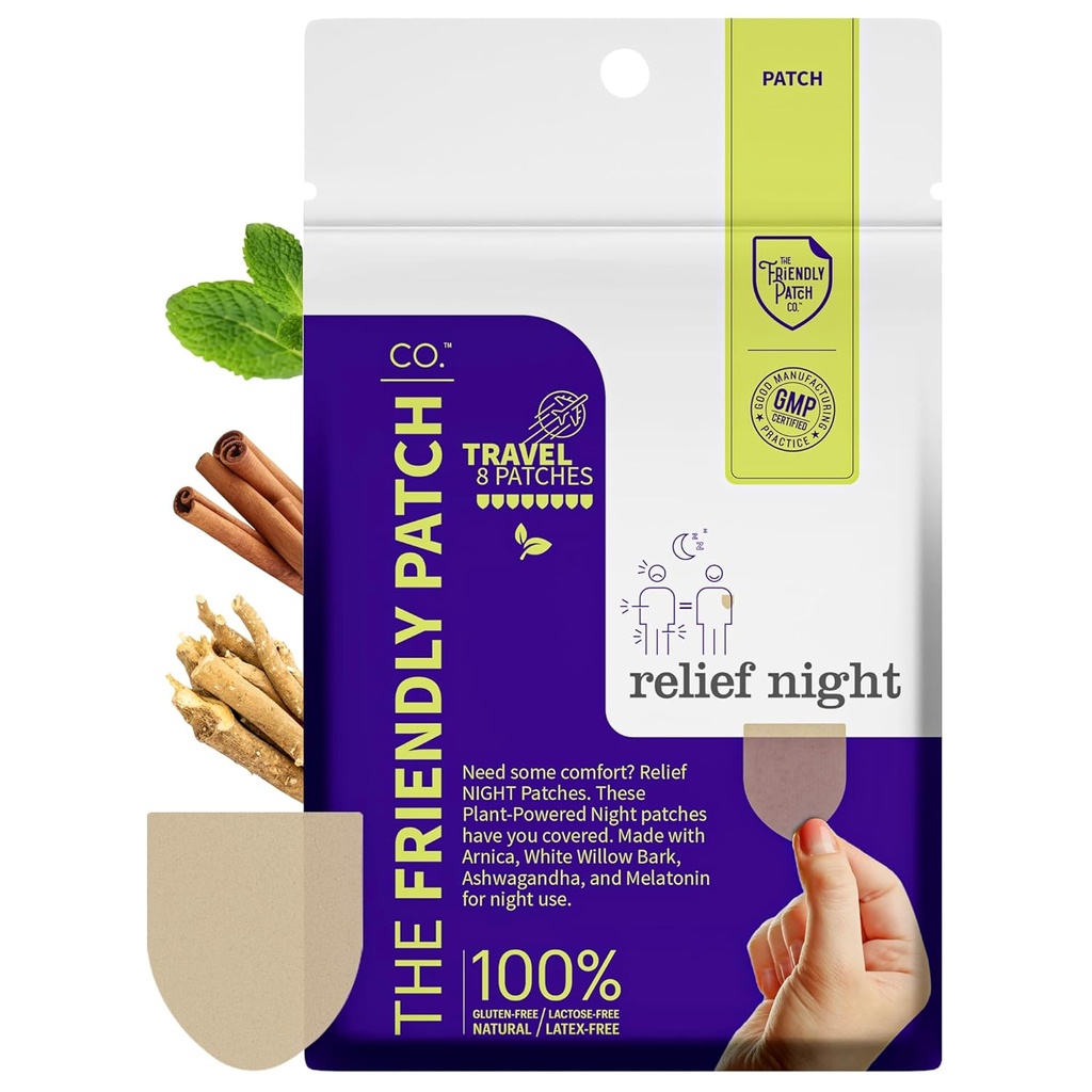 Relief Night Patch - 8 Pack Arnica, White Willow Bark, Melatonin, Ashwagandha pour les taches de sommeil pour les femmes et les hommes