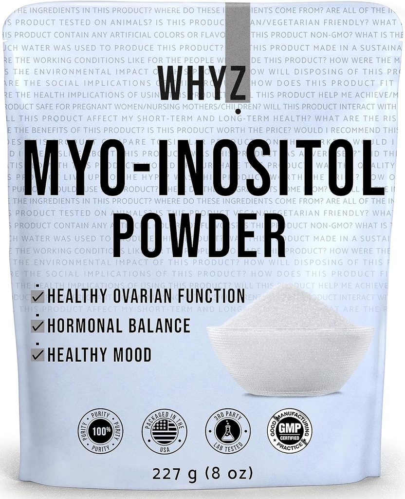 Poudre de Myo-Inositol 8oz, supplément naturel de Myo Inositol pour le soutien ovarien, la fertilité et l'équilibre hormonal, poudre d'inositol pur, supplément de Myo-Inositol pour l'énergie, santé du cerveau, 454 portions