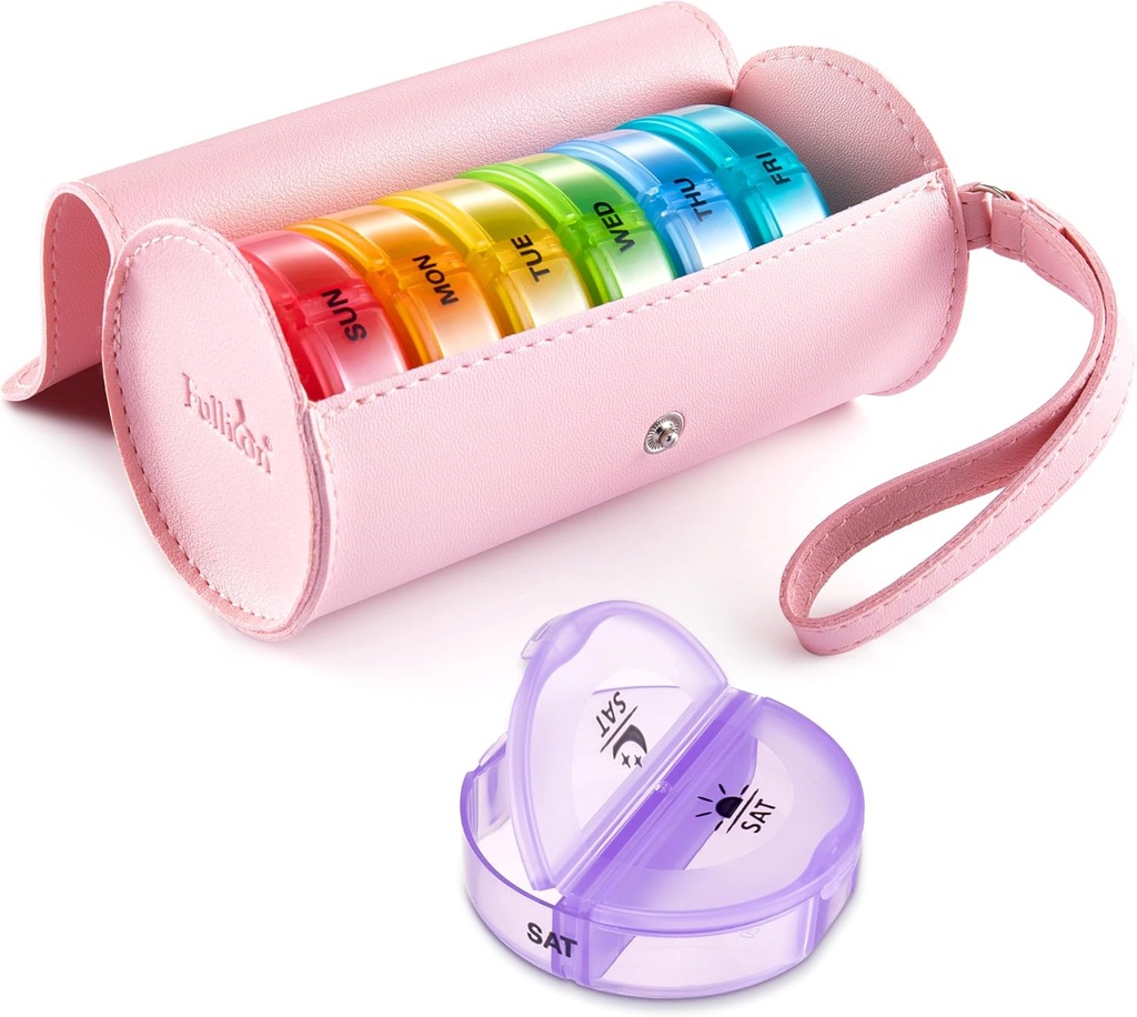 Fullicon PU Case Weekly Pill Box Organizer 2 fois par jour, Voyagez 7 jours Pill Boxes, Portable Tablet Organizer pour la médecine, médicaments, vitamine, suppléments d'huile de poisson (puits/rainbow)