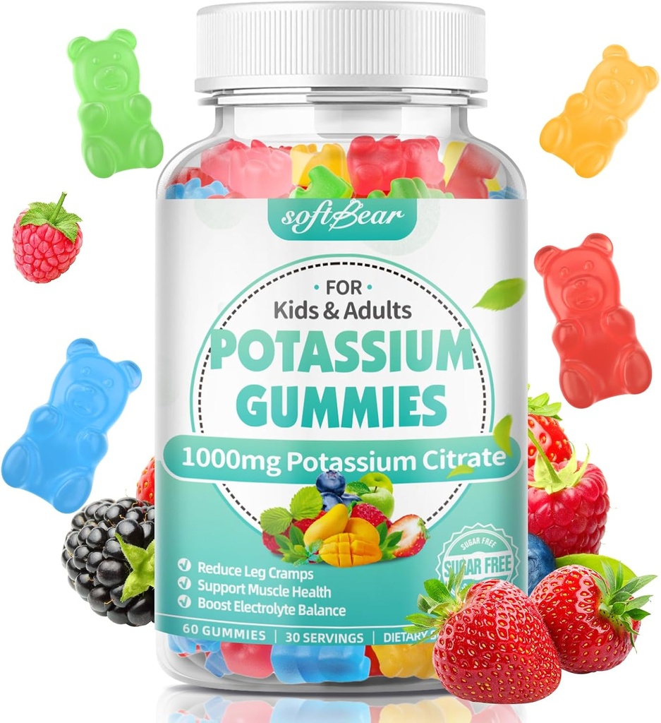 softbear Citrate de potassium Gommies, Citrate de potassium haute puissance 1000mg soutient les crampes de jambe et la santé musculaire Gommies de potassium pour les adultes et les enfants Fruit mélangé Arôme 60 Comte