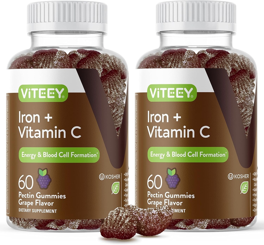 VITEEY Gommies de fer - Fer avec vitamine C - Supplément énergie, soutien de bottes et anémie pour les femmes et les hommes - Vegan, sans gluten - 120 Compte