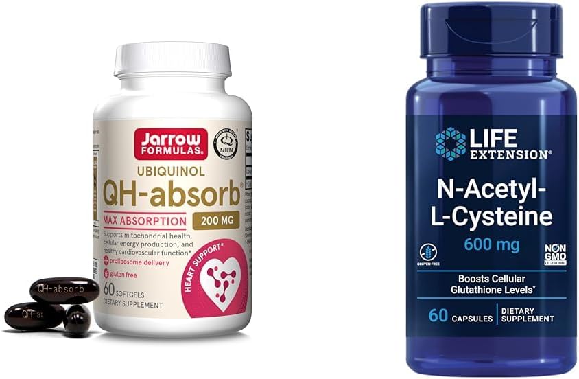 Formules de Jarrow QH-Absorb 200 mg - Co-Q10 à absorption élevée - Forme antioxydante active de la co-Q10 et extension de la durée de vie N-acétyl-L-Cysteine (NAC), Immune, respiratoire, santé du foie, NAC 600 mg