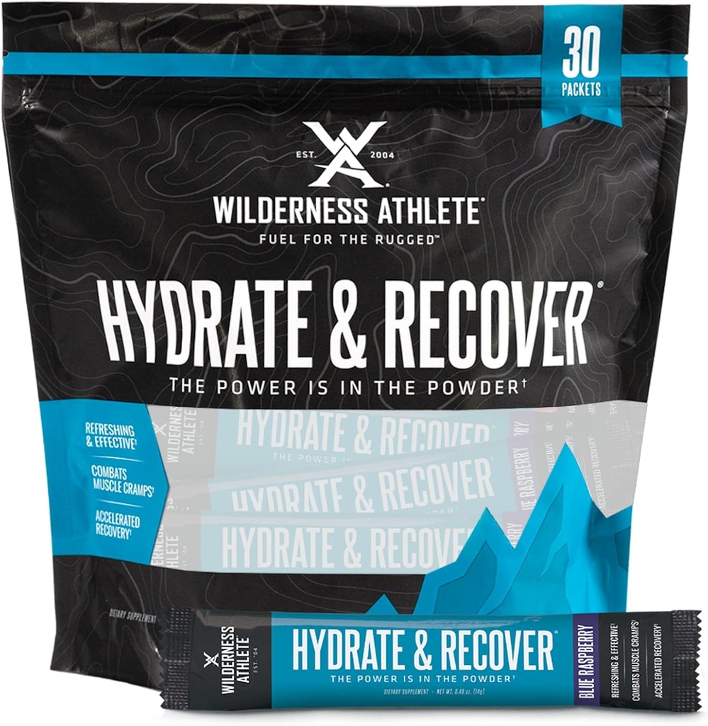 Wilderness Athlete - Hydrate & Recover | Liquid Hydration Packets Electrolyte Drink Mix - Recover Faster with Bcaas - 30 Single Serving Hydrate Packets (Blue Raspberry)