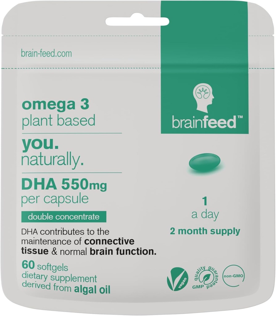 Suppléments de la DHA (60) : Double Concentrate Omega 3 DHA 500mg PAR Capsule - 1 par jour : Soutien à la santé du cerveau et des yeux : Vegan DHA - Omega 3 Huile d'algues : 1000mg x 2 Capsules : 2 mois d'approvisionnement durable