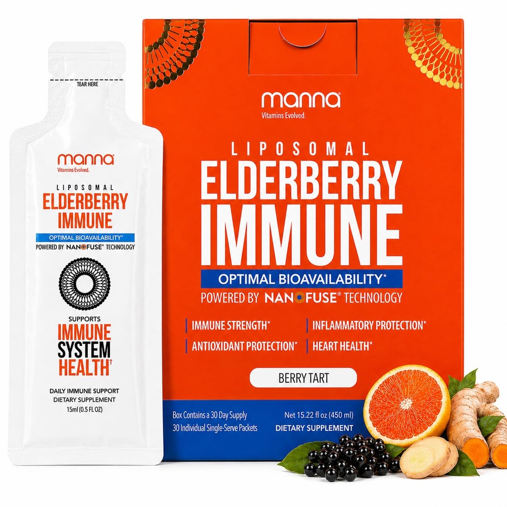 Vitamines de manna Evolved Liposomal Elderberry Packets, Vitamines C, D etc. - Soutien immunitaire quotidien pour les adultes, les enfants - sans sucre, véritable extrait de baies, sirop, voyage-friendly, 15 Pack