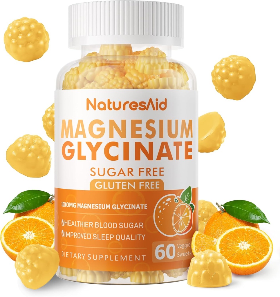 Gommies de Glycinat de magnésium 1000mg - Supplément de potassium de magnésium sans sucre avec vitamine D, B6, CoQ10 pour calme d'humeur et de sommeil - 60 Gommies d'orange -1 Pack
