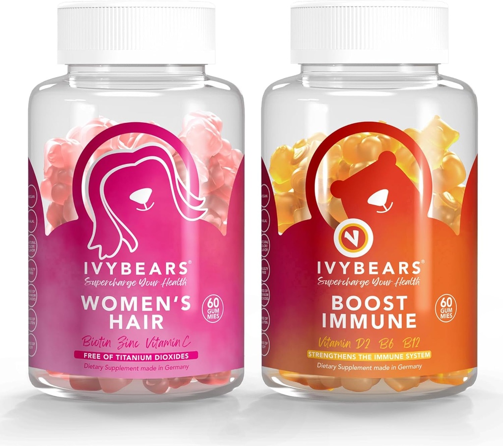 IvyBears® Femmes Hair & Immune Support Bundle – Gommies de croissance des cheveux Biotin + Gommies d'immunes quotidiennes avec vitamine C, D, Zinc – Vegan, 2-Pack