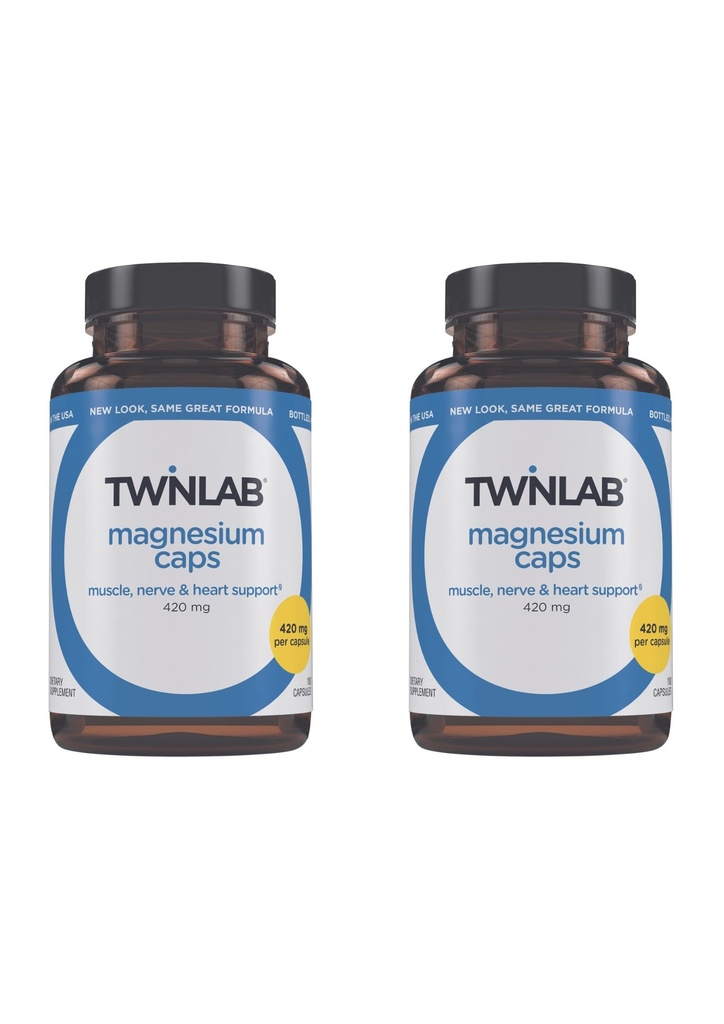 Twinlab Magnesium Caps - Supplément Magnésium haute absorption pour soutenir le soulagement des crampes de jambe - Capsules de magnésium pour le soulagement du stress, 420 mg, 100 Compte, 2 Pack