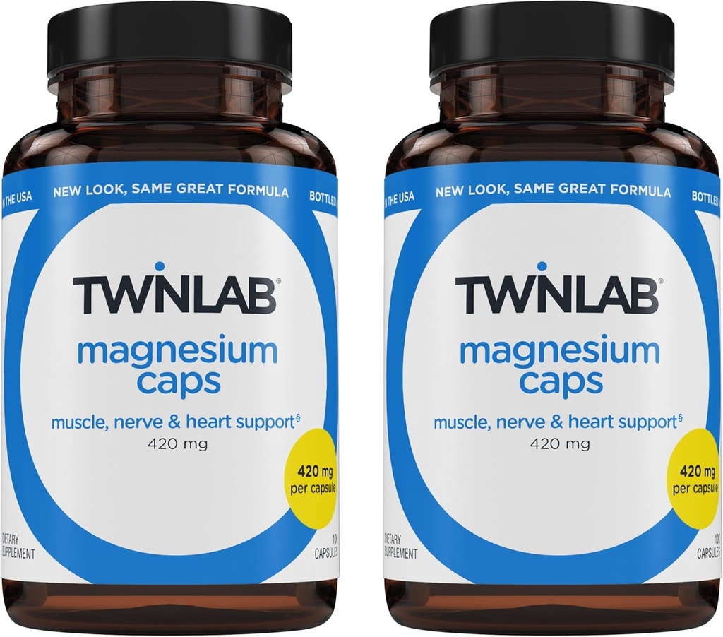 Twinlab Magnesium Caps - Supplément Magnésium haute absorption pour soutenir le soulagement des crampes de jambe - Capsules de magnésium pour le soulagement du stress, 420 mg, 100 Compte, 2 Pack