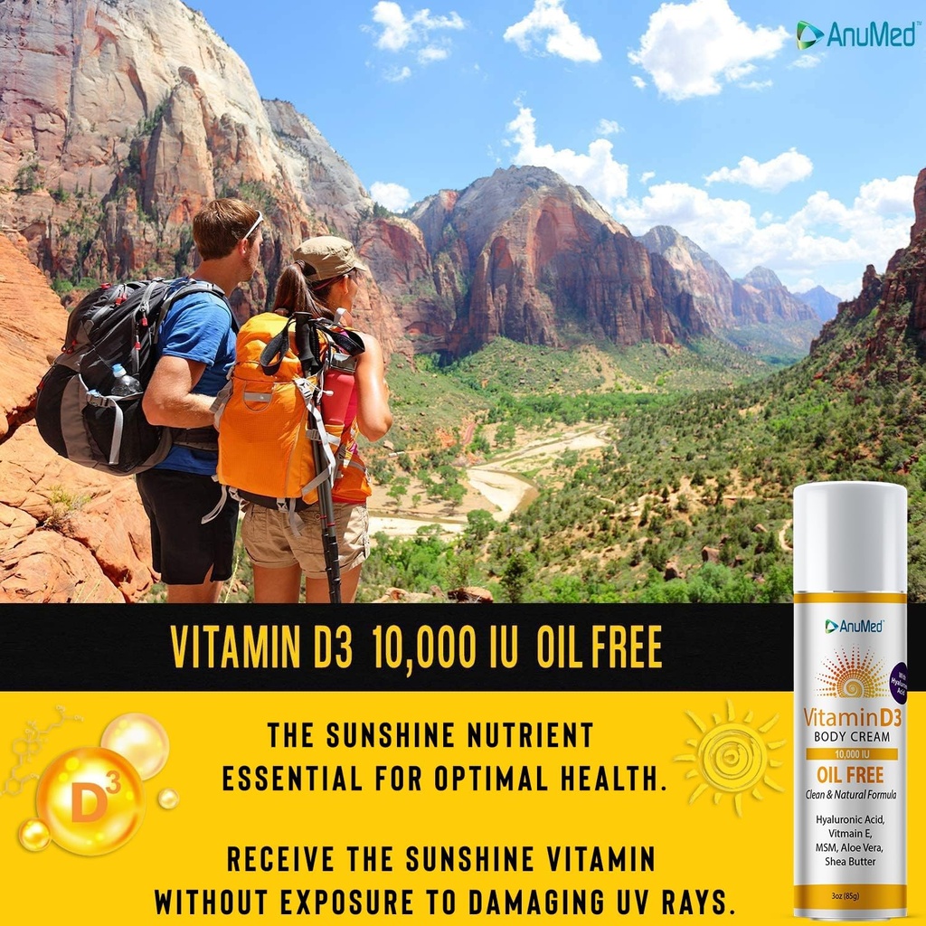 AnuMed Vitamine D3 10 000 UI Crème sans huile avec Magnésium + Acide Hyaluronique, Vitamine E. Crème hydratante pour peau sèche. Non grasse, non OGM, 100% végétalien, sans gluten (3oz)