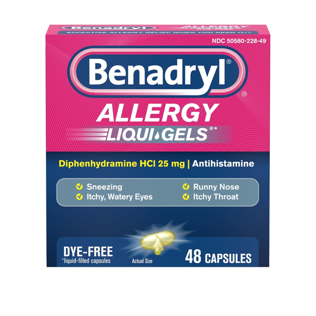 Benadryl Liqui-Gels Antihistamine Allergie Médecine & Soulagement des Symptômes Cold, Gels liquides sans colorants avec 25 mg de Diphenhydramine HCl pour des symptômes tels que, Runny Nez, Éternuer & Plus, 48 ct