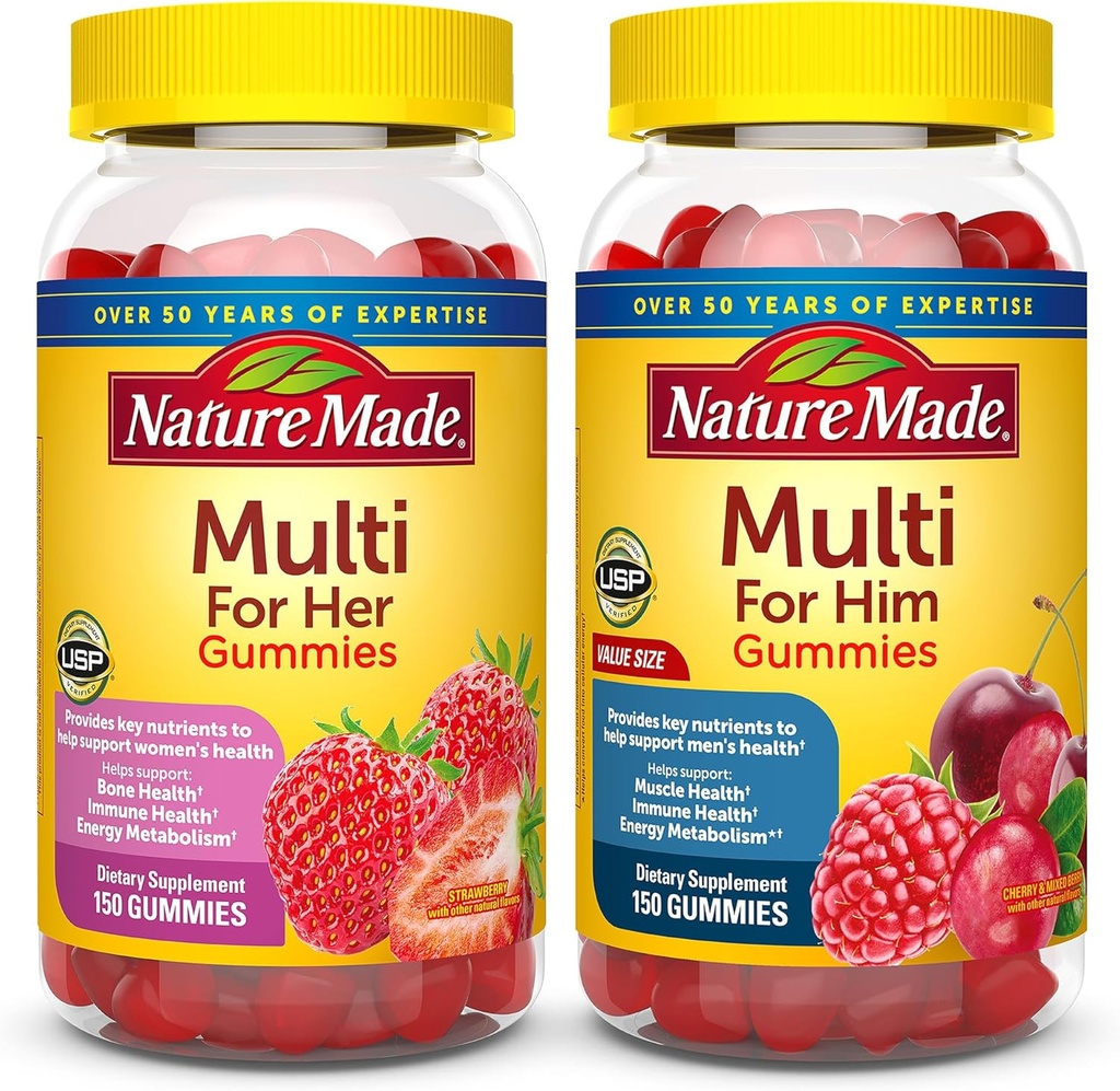 Nature Made Multivitamin Gummies Combo Pack for Him & Her, Tasty Men & Womens Multivitamin with Vitamin C, Vitamin D3, B Vitamins, Zinc & More, Two Multivitamin Bottles