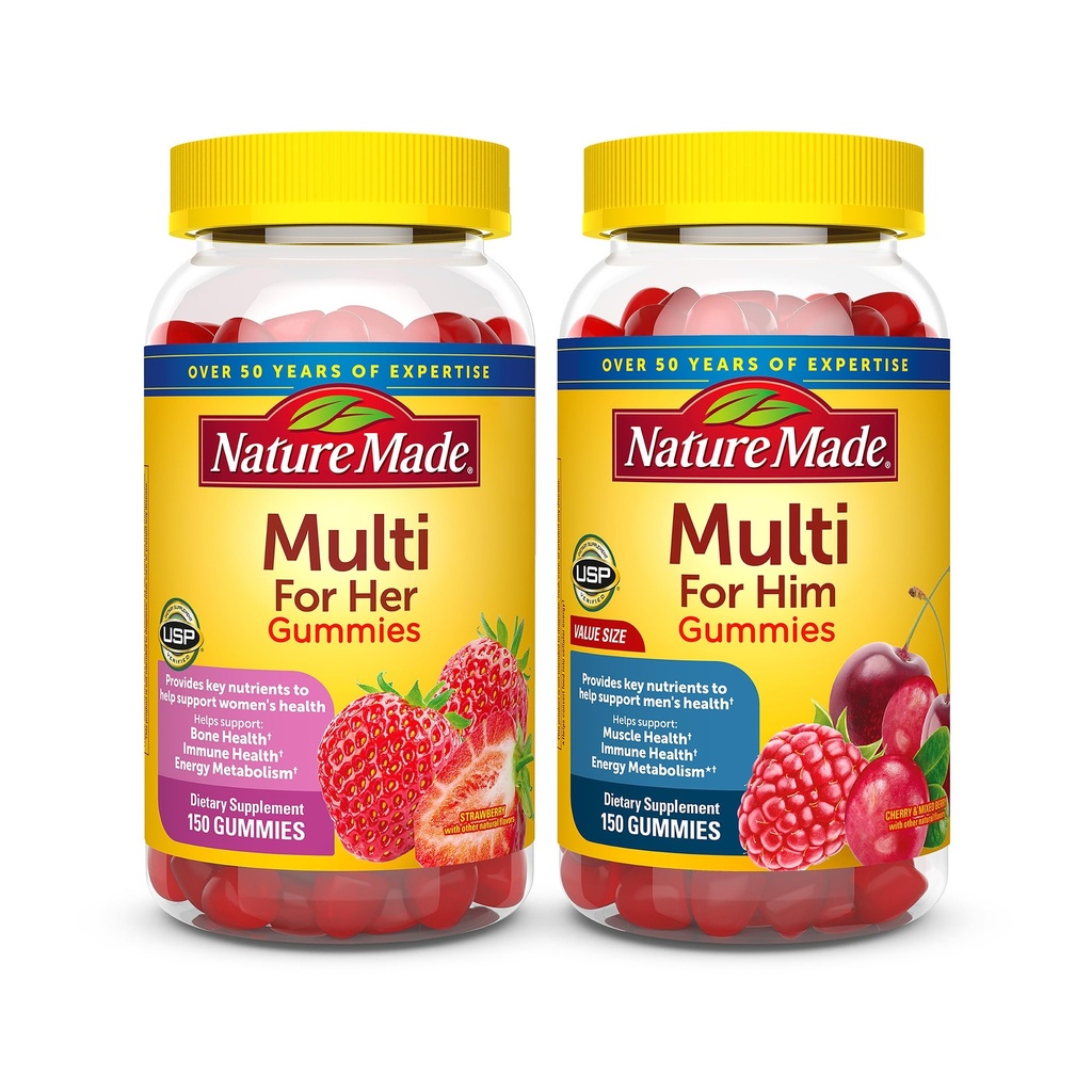 Nature faite Multivitamine Gummies Combo Pack pour lui et elle, Dégustation hommes et femmes Multivitamine avec vitamine C, vitamine D3, vitamine B, zinc et plus, deux bouteilles multivitamine