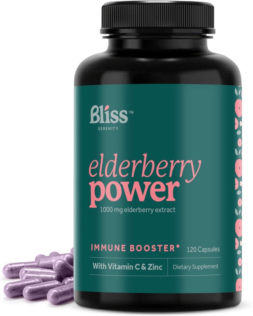 Elderberry avec du zinc et de la vitamine C pour les adultes - Sambucus Elderberry Capsules - 1000 mg Extrait, supplément de soutien immunitaire pour les femmes et les hommes, avec mélange de fruits antioxydants, 120 Vegcaps, 60 jours d'approvisionnement
