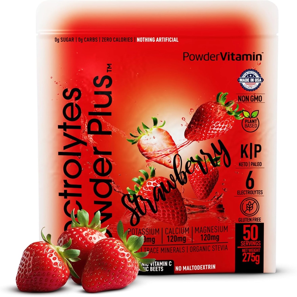 PoudreVitamine Electrolytes Poudre Plus Keto, Fraise (50 portions) 0 Sucre, Non Maltodextrine,1000mg Potassium,120mg Calcium,120mg Magnésium,Vitamine biologique C,Calories de zéro, Poudre d'hydratation énergétique