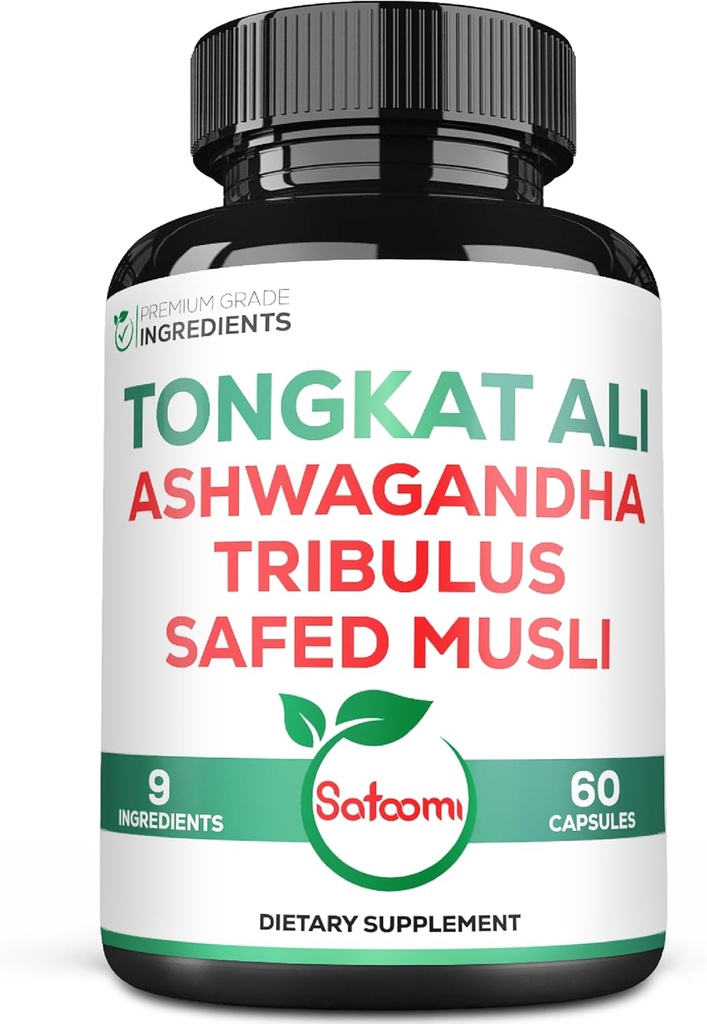 Satoomi Tongkat Ali Root Extract 200:1-9 Herbes essentielles avec Ashwagandha, Tribulus Terrestris & More - Soutien de la force, de l'énergie et des immunes saines - 60 capsules végétaliennes 2 mois d'approvisionnement