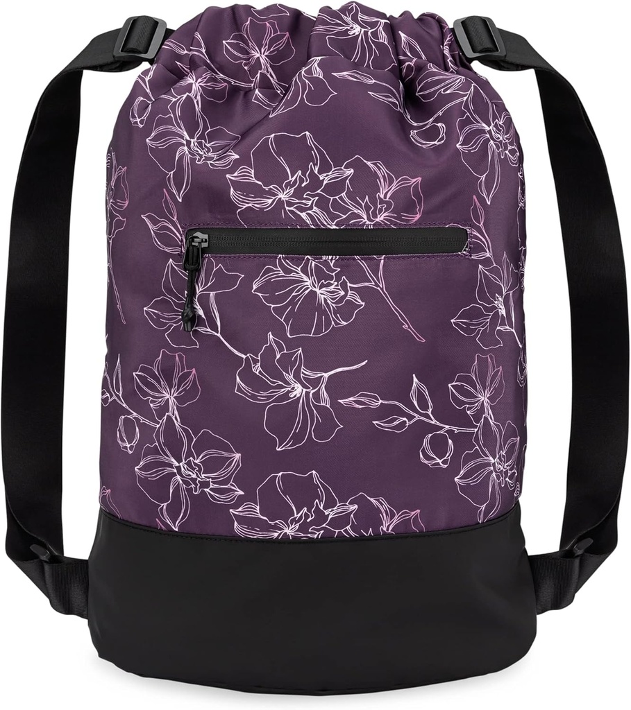 GOMOYO Flex Cinch Drawstring Gym Bag for Women | Plum - Flowers | 18" x 14" x 7" | Gym Cinch Backpack