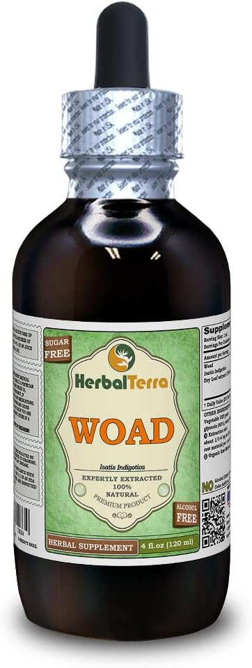 Woad (Isatis Indigotica) Glycerite, Dried Leaves Alcohol-Free Liquid Extract (Brand Name: HerbalTerra, Proudly Made in USA) 4 fl.oz (120 ml)