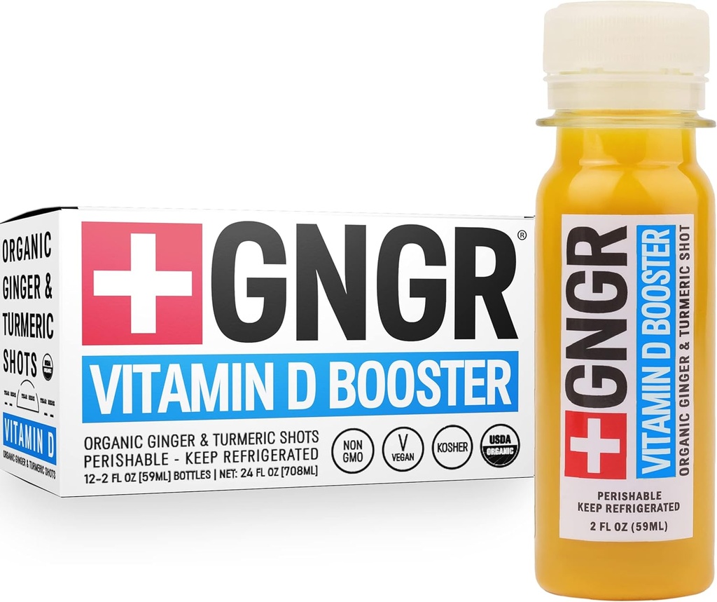 +GNGR Vitamine D Booster – Tropical Immunity Booster Edition Gingembre pressé à froid avec ananas, fruits de la passion, orange, curcuma et vitamine D3.