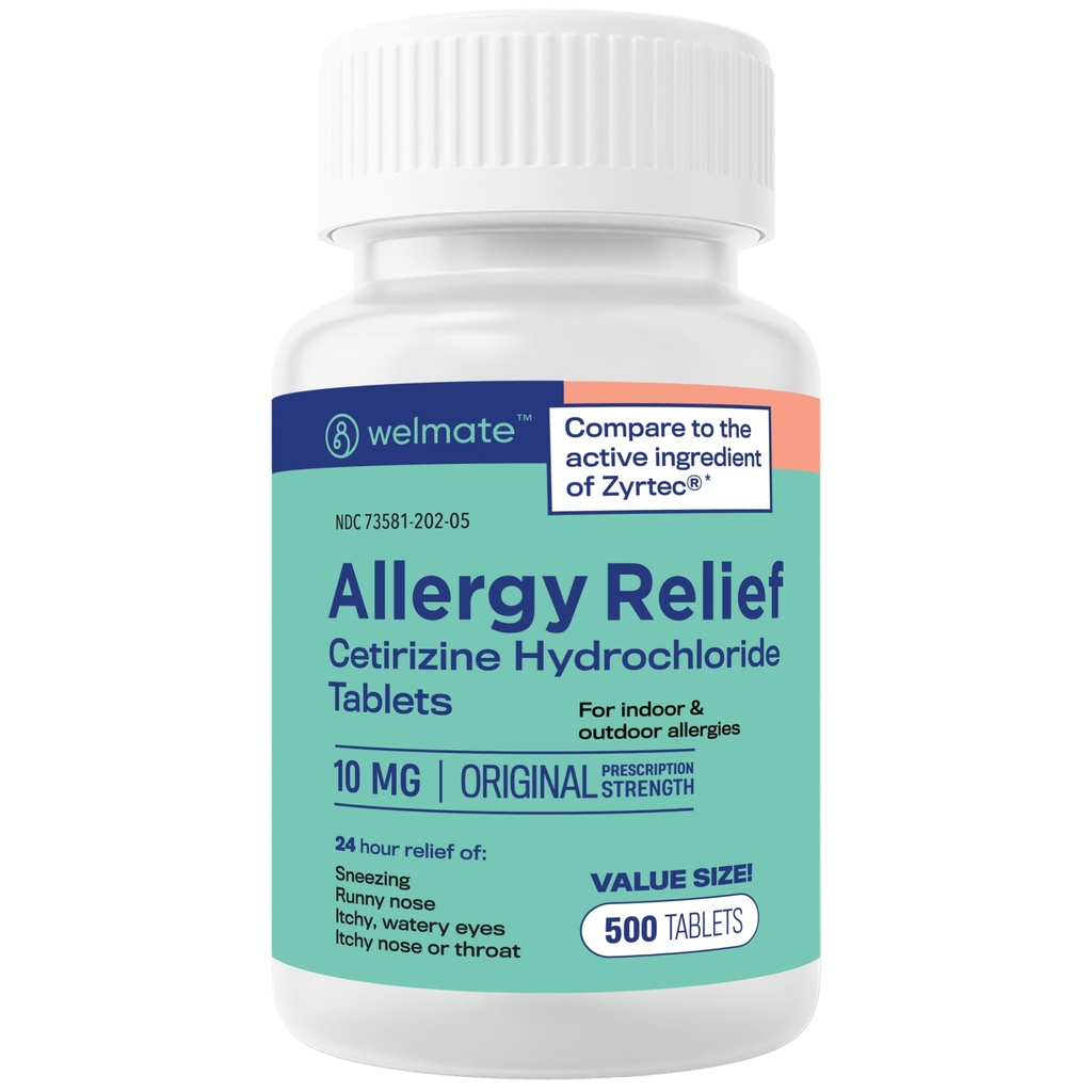 WELMATE - Allégation à l'allergie (500 comprimés) Hydrochlorure de cétirizine 10mg - 24 heures - Non somnolence - Médecine de l'allergie intérieure et extérieure - Antihistaminique - Nez, Yeux et Gorge - Médicament anti-allergique