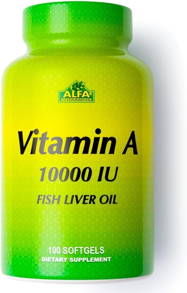 VITAMINS ALFA - Vitamine A - Huile de foie de poisson 10 000 UI - Supplément alimentaire quotidien aide à soutenir la vision, la peau et le système immunitaire - 100 softgels