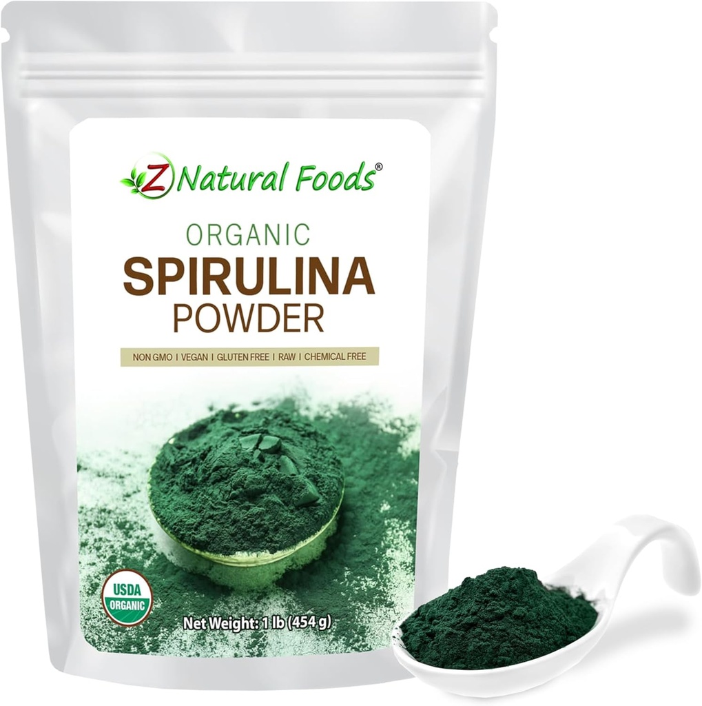 Z Aliments naturels Poudre de spiruline biologique - 100% de spiruline pure, d'algues bleues-vertes nutritives avec acides aminés, 15x Beta-Carotène - Mélanger dans des smoothies, yogourt, Recettes, 1 lb