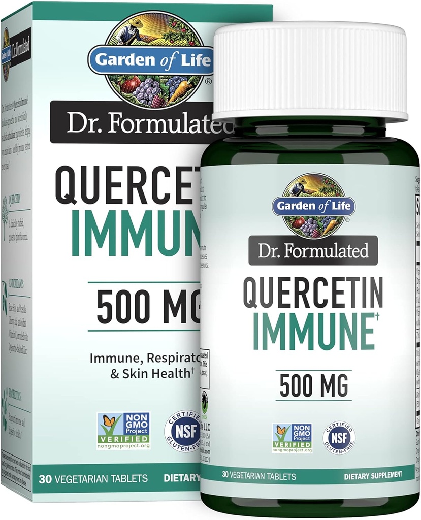 Garden of Life Quercetin Une fois par jour Supplément de soutien du système immunitaire avec vitamine C, D et probiotiques – Dr Formulé – Santé immunitaire, respiratoire et de la peau, sans gluten, sans OGM – 30 comprimés