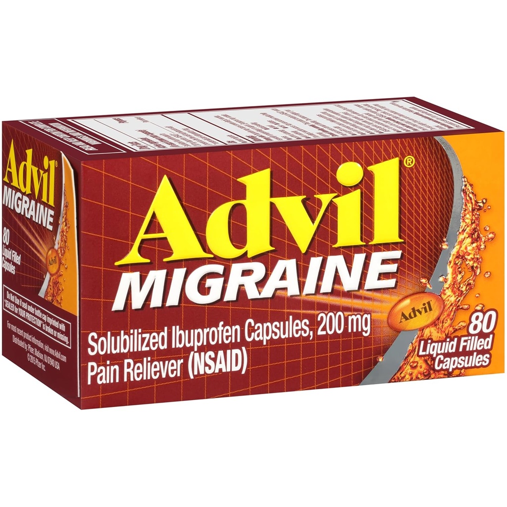 Advil Mal de migraine soulagement, Ibuprofène solubilisé 200mg, 80 Compte, Capsules remplies de liquide, puissant soulagement de la migraine