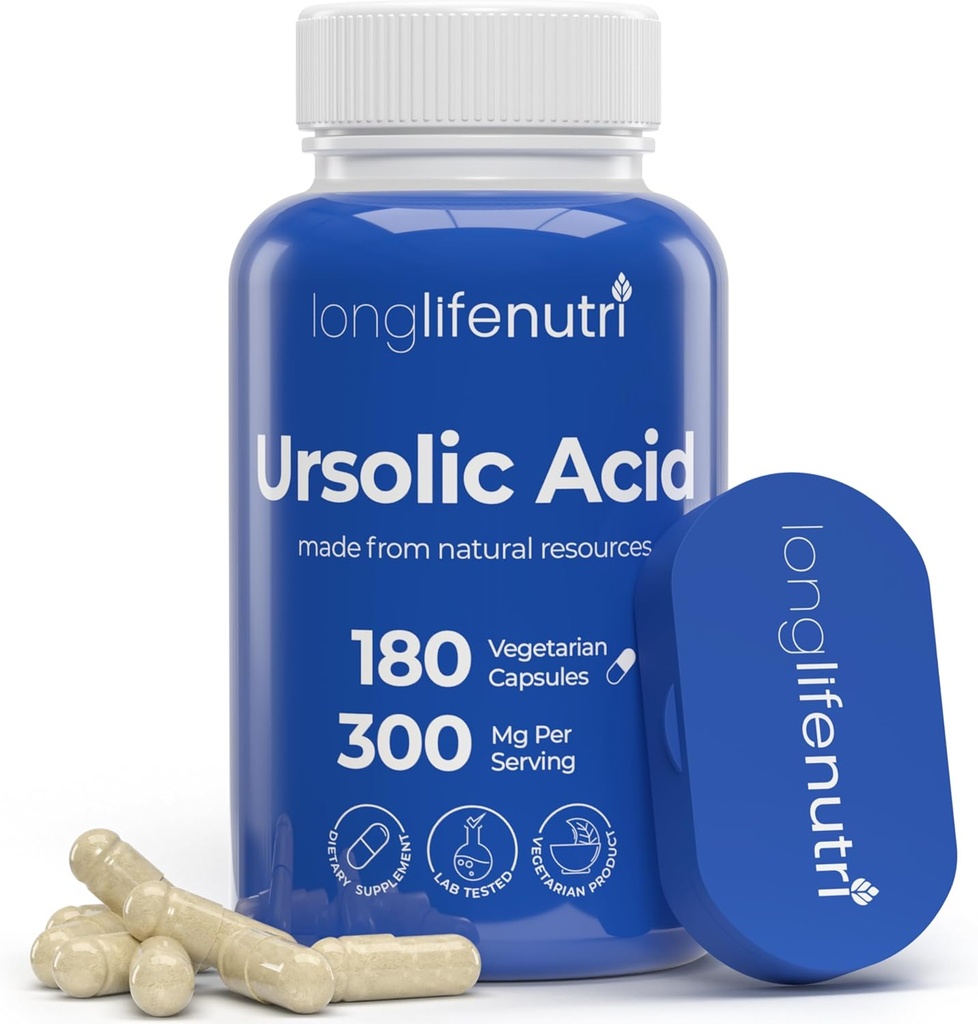 LongLifeNutri Ursolic Acid 300mg - Issu de l'extrait de feuille de romarin, 180 capsules végétariennes, supplément biologique pour la croissance et la récupération musculaires, 2 mois d'approvisionnement, laboratoire testé, certifié GMP, fabriqué aux États-Unis