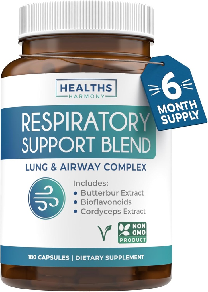Supplément santé pulmonaire respiratoire - Le supplément de soutien pulmonaire revigorant aide à soutenir l'élimination du mucus de Clear Airways et la désintoxication saisonnière ou annuelle - Formule non-OGM à base de plantes végétaliennes (6 mois d'approvisionnement)
