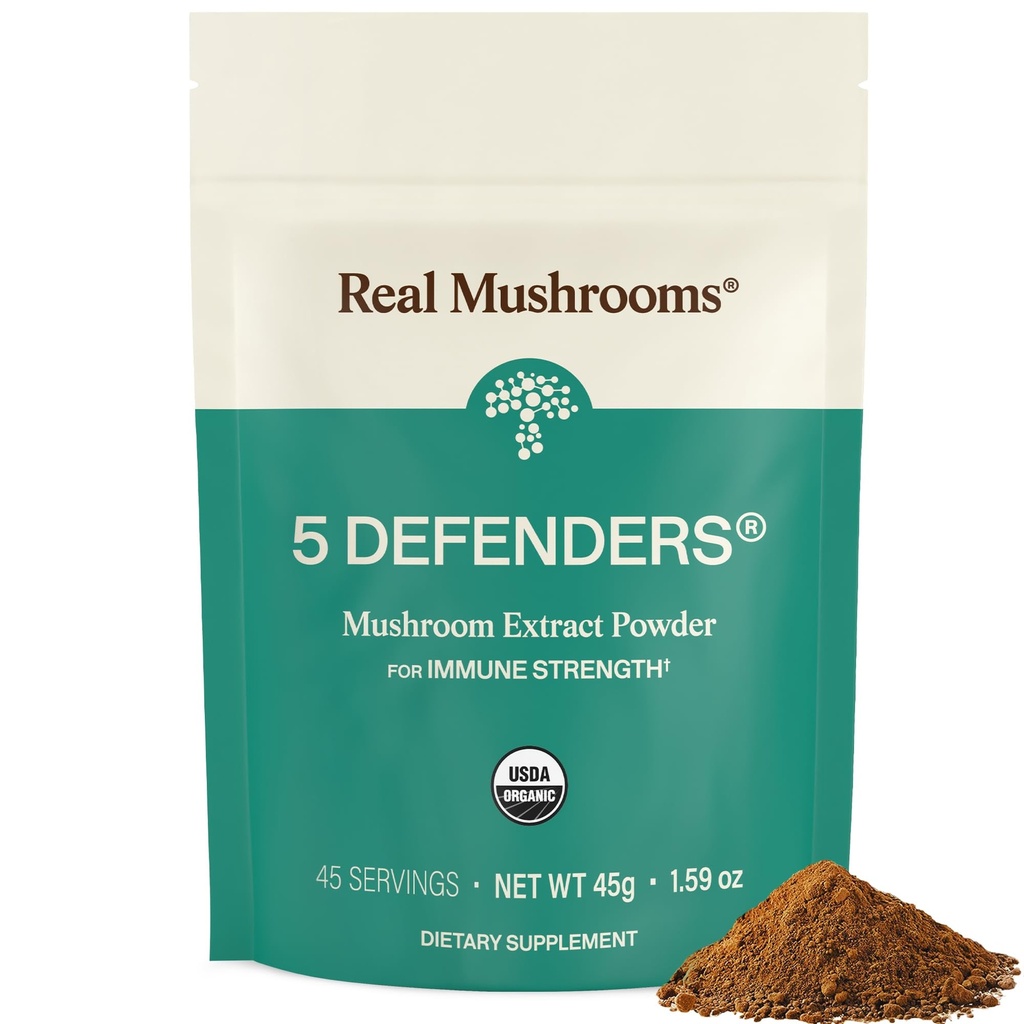 Real Mushrooms 5 Defenders Mushroom Complex - Extrait de champignons fonctionnels de Chaga, Shiitake, Maitake, Reishi, Turquie Tail Mushroom Blend pour le bien-être avec Beta Glucans - 45 portions