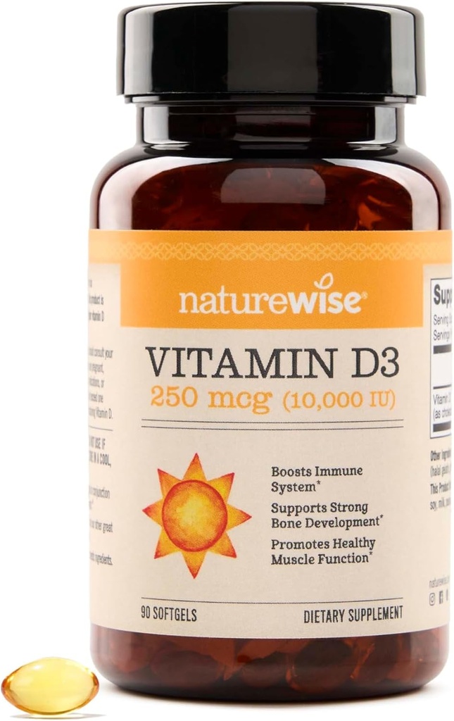 NatureWise Vitamine D3 10,000IU (250 mcg) Approvisionnement 90 jours - Haute puissance pour le soutien immunitaire sain et la fonction musculaire, non-OGM, sans gluten dans l'huile d'olive extra vierge biologique, (Mini Softgel), 90 Compte